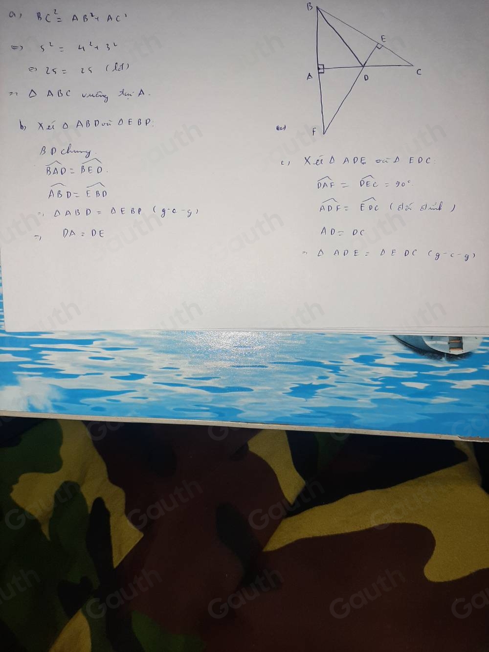 a, BC^2=AB^2+AC'+A
()
e25=25(ld)
77 △ ABC LMing Xu A. 
b, xeí 
BPclny
widehat BAD=widehat BED
() Xéi △ ADE ou
widehat ABD=widehat EBD
widehat DAF=widehat DEC=90°
widehat ADF=widehat EDC
=△ ABD=△ E BP (gc-g) (dǎ smd)
DA=DE
=△ ADE=△ EDC(y-c-y)