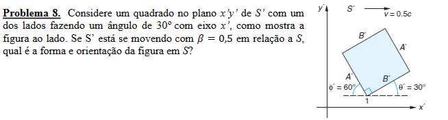 Problema 8. Considere um quadrado no plano x^1y 'de S' com um y S' v=0.5c
dos lados fazendo um ângulo de 30° com eixo x', ,como mostra a 
figura ao lado. Se S' está se movendo com beta =0,5 em relação a S, B 
qual é a forma e orientação da figura em S?
A'
A B'
phi '=60° θ '=30°
1
x