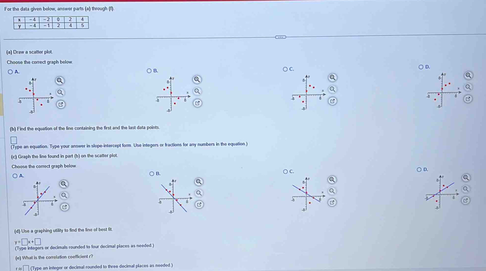 he data given below, answer parts (a) through (f)
(a) Draw a scatter plot.
Choose the correct graph below
A. ) B. C. D.

B
(b) Find the equation of the line containing the first and the last data points.
(Type an equation. Type your answer in slope-intercept form. Use integers or fractions for any numbers in the equation.)
(c) Graph the line found in part (b) on the scatter plot.
Choose the correct graph below
A.
) B. ○ C. D.
B
(d) Use a graphing utility to find the line of best fit.
y=□ x+□
(Type integers or decimals rounded to four decimal places as needed.)
(e) What is the correlation coefficient r?
r ≈ (Type an integer or decimal rounded to three decimal places as needed.)