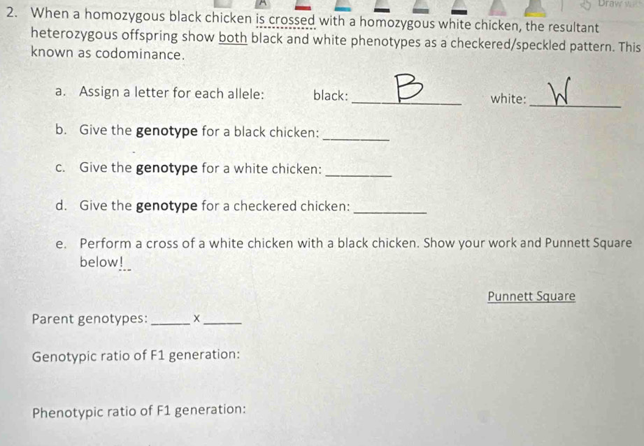 When a homozygous black chicken is crossed with a homozygous white chicken, the resultant 
heterozygous offspring show both black and white phenotypes as a checkered/speckled pattern. This 
known as codominance. 
a. Assign a letter for each allele: black:_ white: 
_ 
b. Give the genotype for a black chicken: 
_ 
c. Give the genotype for a white chicken:_ 
d. Give the genotype for a checkered chicken:_ 
e. Perform a cross of a white chicken with a black chicken. Show your work and Punnett Square 
below! 
Punnett Square 
Parent genotypes: _X_ 
Genotypic ratio of F1 generation: 
Phenotypic ratio of F1 generation: