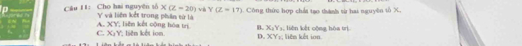 Cho hai nguyên tổ X(Z=20) và Y(Z=17) 1. Công thức hợp chất tạo thành từ hai nguyên tổ X.
Y và liên kết trong phân từ là
A. XY; liên kết cộng hóa trị B. X_2Y_3 , liên kết cộng hóa trị.
C. XY; liên kết ion; liên kết ion
D, XY_2