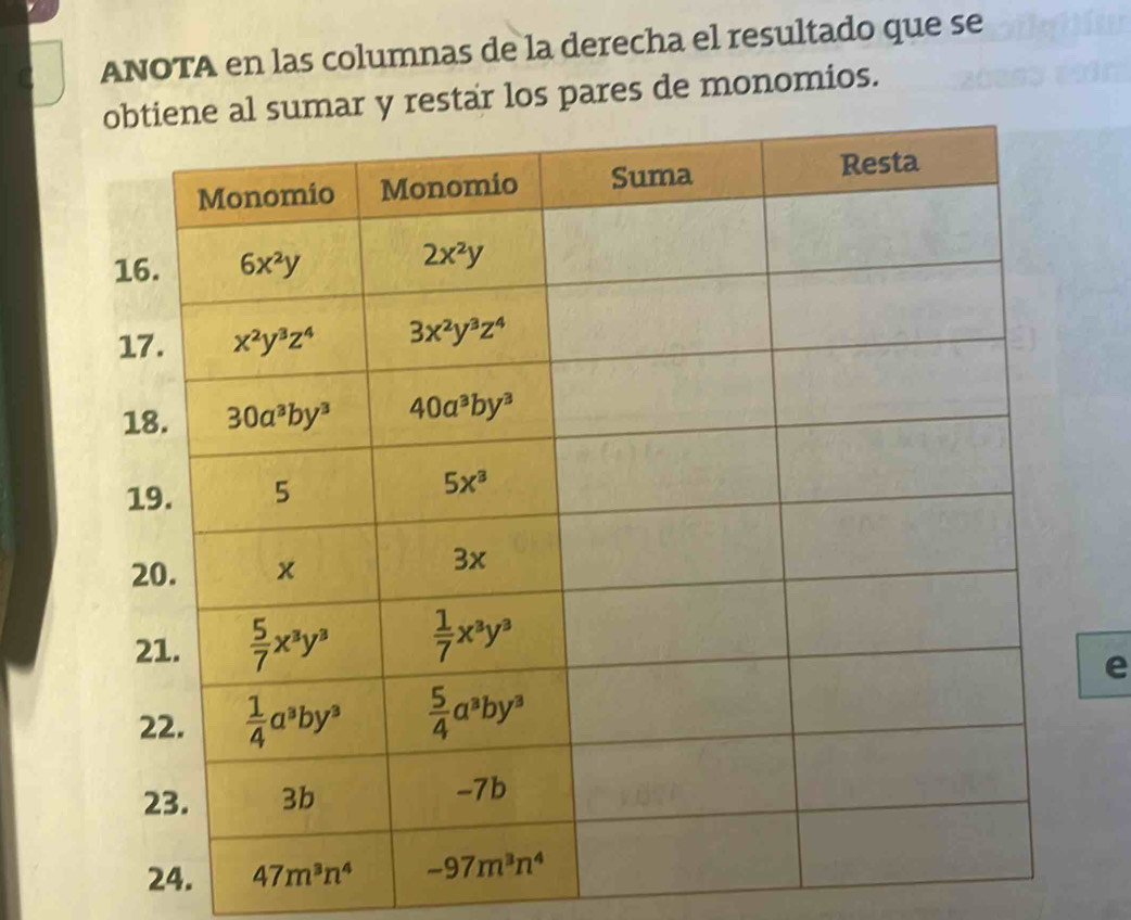 ANOTA en las columnas de la derecha el resultado que se
y restar los pares de monomios.
e
24.