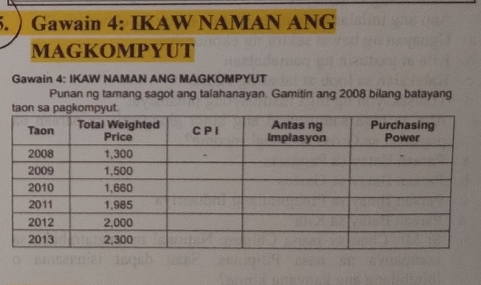  Gawain 4: IKAW NAMAN ANG 
MAGKOMPYUT 
Gawain 4: IKAW NAMAN ANG MAGKOMPYUT 
Punan ng tamang sagot ang talahanayan. Gamitin ang 2008 bilang batayang