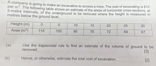 A company is going to make an excavation to access a mine. The cost of excavating is $12
per m^3. The following table shows an estimate of the areas of horizontal cross-sections, at
5-metre intervals, of the underground to be removed where the height is measured in
metres below the ground level.
(a) Use the trapezoidal rule to find an estimate of the volume of ground to be
removed. [3]
(b) | Hence, or otherwise, estimate the total cost of excavation. [2]