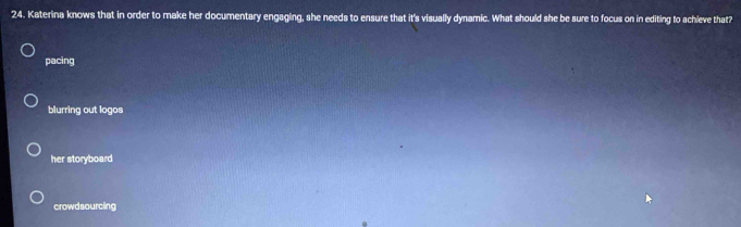 Katerina knows that in order to make her documentary engaging, she needs to ensure that it's visually dynamic. What should she be sure to focus on in editing to achleve that?
pacing
blurring out logos
her storyboard
crowdsourcing