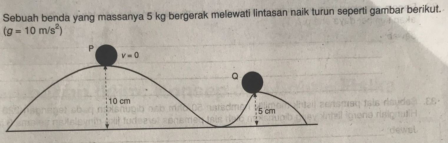 Sebuah benda yang massanya 5 kg bergerak melewati lintasan naik turun seperti gambar berikut.
(g=10m/s^2)