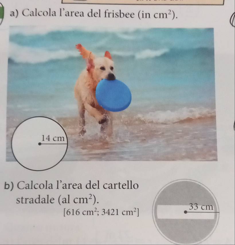 Calcola l’area del frisbee (in 2 cm^2). 
b) Calcola l’area del cartello 
stradale (alcm^2).
[616cm^2;3421cm^2]