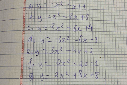 ar y=-x^2-x+1. 
b y=x^2-8x+8
C y=2x^2-6x+4
d , y=-3x^2-6x-3.
e,y=3x^2-4x+2
f_1y=-2x^2-2x-1
go y=2x^2+8x+8