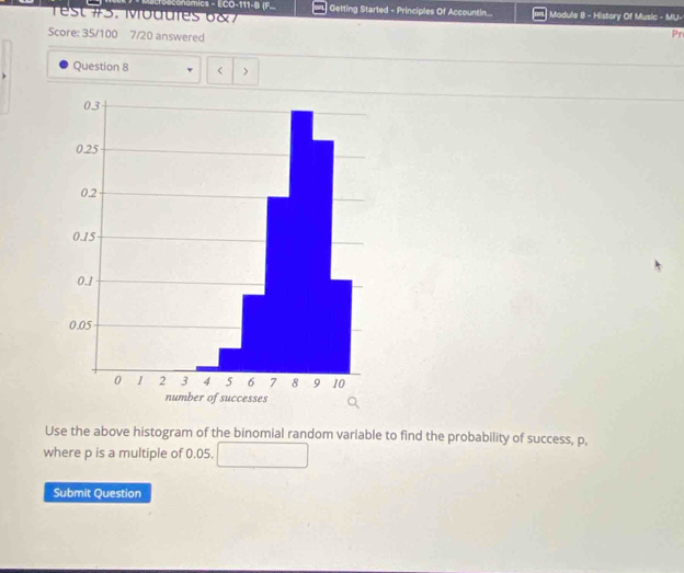 Conomics - ECO-111-B (F.. Getting Started - Principles Of Accountin... 
est # 5. M oduies o & Module 8 - History Of Music - MU- 
Score: 35/100 7/20 answered 
Pr 
Question 8 < > 
Use the above histogram of the binomial random variable to find the probability of success, p, 
where p is a multiple of 0.05. 
Submit Question