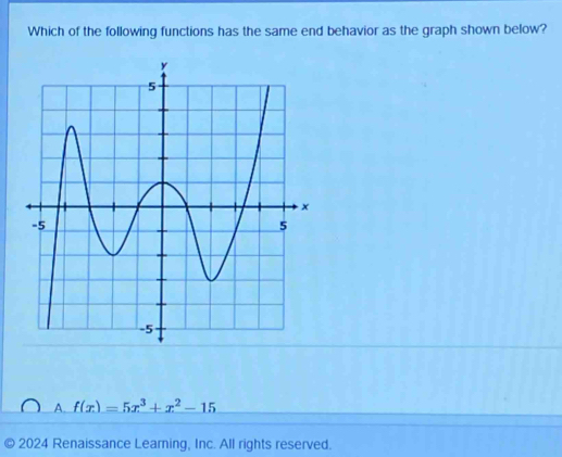 Which of the following functions has the same end behavior as the graph shown below?
A. f(x)=5x^3+x^2-15
2024 Renaissance Learning, Inc. All rights reserved.