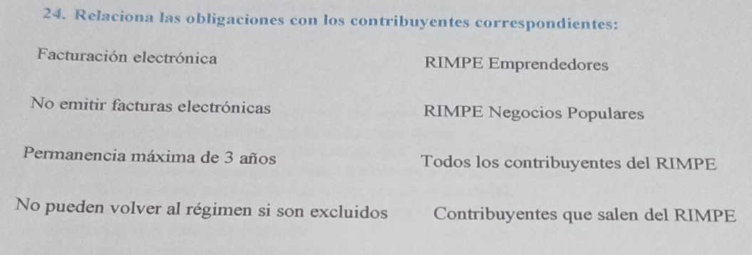 Relaciona las obligaciones con los contribuyentes correspondientes: 
Facturación electrónica RIMPE Emprendedores 
No emitir facturas electrónicas RIMPE Negocios Populares 
Permanencia máxima de 3 años Todos los contribuyentes del RIMPE 
No pueden volver al régimen si son excluidos Contribuyentes que salen del RIMPE