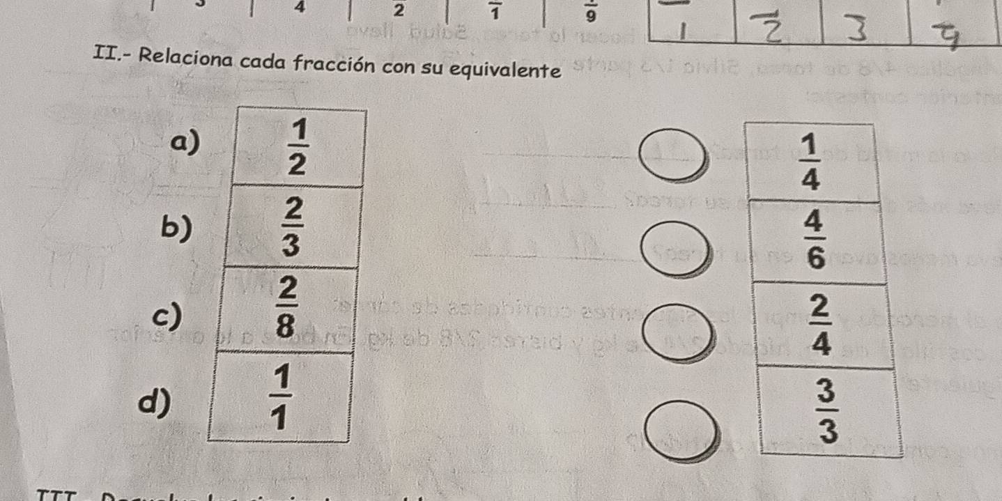 4
2
overline 1
frac 9
II.- Relaciona cada fracción con su equivalente
a)
b)
c)
d)