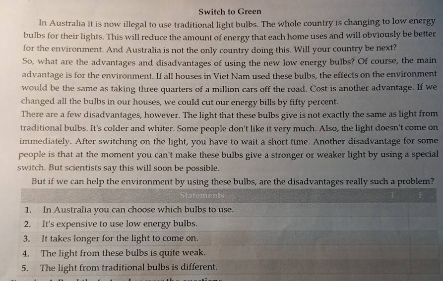 Switch to Green 
In Australia it is now illegal to use traditional light bulbs. The whole country is changing to low energy 
bulbs for their lights. This will reduce the amount of energy that each home uses and will obviously be better 
for the environment. And Australia is not the only country doing this. Will your country be next? 
So, what are the advantages and disadvantages of using the new low energy bulbs? Of course, the main 
advantage is for the environment. If all houses in Viet Nam used these bulbs, the effects on the environment 
would be the same as taking three quarters of a million cars off the road. Cost is another advantage. If we 
changed all the bulbs in our houses, we could cut our energy bills by fifty percent. 
There are a few disadvantages, however. The light that these bulbs give is not exactly the same as light from 
traditional bulbs. It's colder and whiter. Some people don't like it very much. Also, the light doesn't come on 
immediately. After switching on the light, you have to wait a short time. Another disadvantage for some 
people is that at the moment you can't make these bulbs give a stronger or weaker light by using a special 
switch. But scientists say this will soon be possible. 
But if we can help the environment by using these bulbs, are the disadvantages really such a problem? 
Statements T 
1. In Australia you can choose which bulbs to use. 
2. It's expensive to use low energy bulbs. 
3. It takes longer for the light to come on. 
4. The light from these bulbs is quite weak. 
5. The light from traditional bulbs is different.