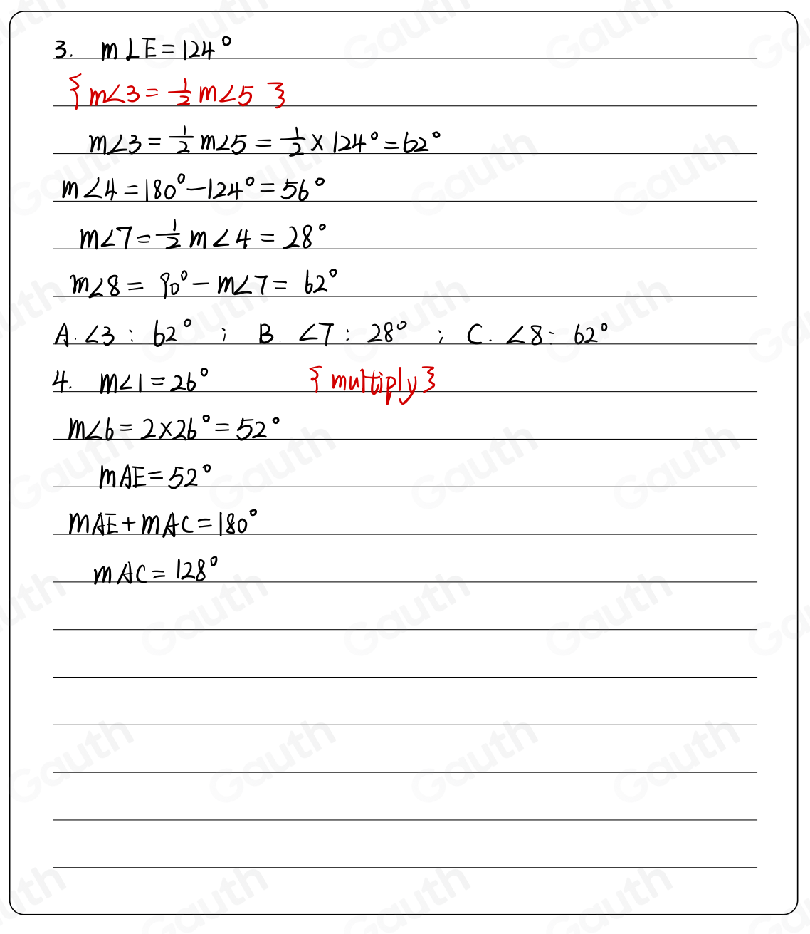 Solved: lt 3. If mLE=124° , what is the measure of each of the ...