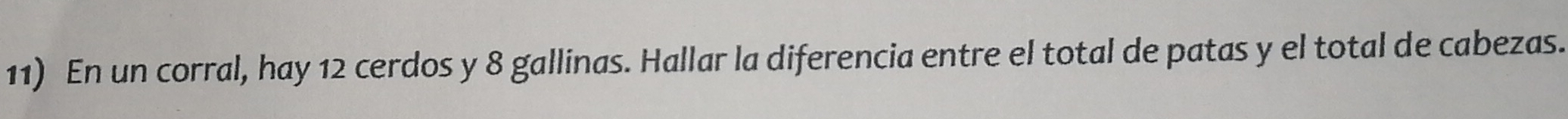 En un corral, hay 12 cerdos y 8 gallinas. Hallar la diferencia entre el total de patas y el total de cabezas.