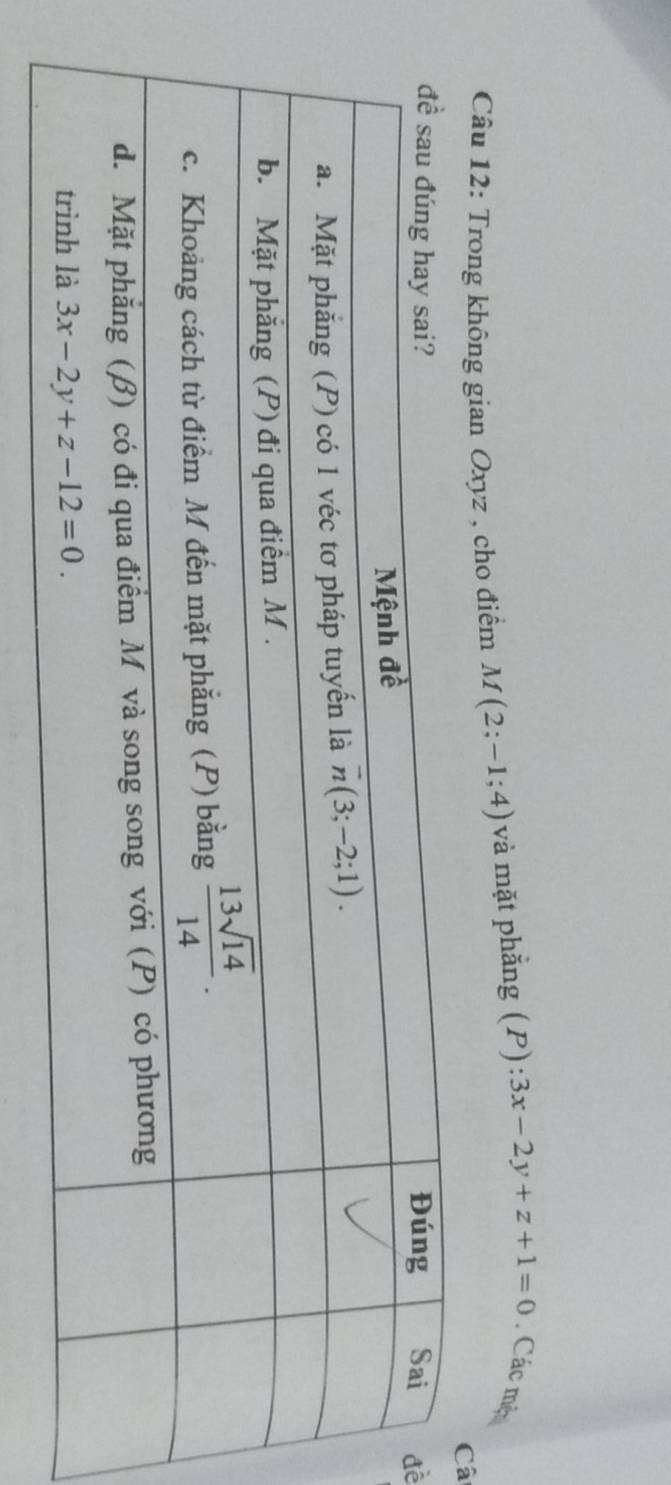 Trong không gian Oxyz , cho điểm M(2;-1;4) và mặt phẳng (P) 3x-2y+z+1=0 Các mộ
Câ
ề