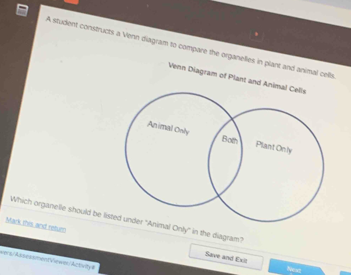 A student constructs a Venn diagram to compare the organelles in plant and animal cells 
Venn Diagram of Plant and Animal Cells 
Animal Only Both Plant Only 
Which organelle should be listed under ''Animal Only' in the diagram? 
Mark this and retur Save and Exit 
vers/AssessmentViewer/Activity# 
Next