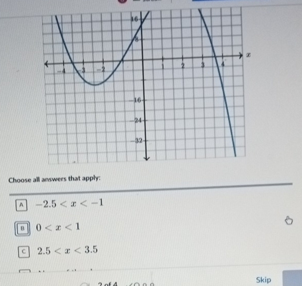 Choose all answers that apply:
A -2.5
B 0
c 2.5
^ Skip