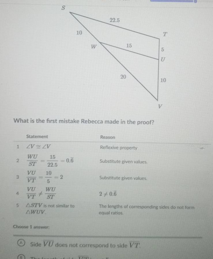 What is the first mistake Rebecca made in the proof?
Statement Reason
1 ∠ V≌ ∠ V Reflexive property
2  WU/ST = 15/22.5 =0.overline 6 Substitute given values.
3  VU/VT = 10/5 =2 Substitute given values.
4  VU/VT !=  WU/ST 
2!= 0.overline 6
5 △ STV is not similar to The lengths of corresponding sides do not form
△ WUV. equal ratios.
Choose 1 answer:
Side overline VU does not correspond to side overline VT.
a
overline XTee