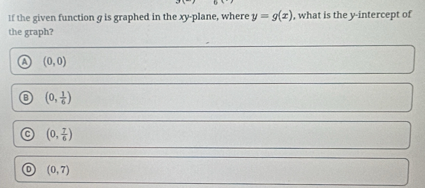 If the given function g is graphed in the xy -plane, where y=g(x) , what is the y-intercept of
the graph?
a (0,0)
B (0, 1/6 )
(0, 7/6 )
o (0,7)