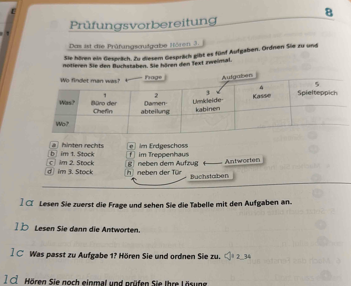 Prüfungsvorbereitung
Das ist die Prüfungsaufgabe Hören 3.
Sie hören ein Gespräch. Zu diesem Gespräch gibt es fünf Aufgaben. Ordnen Sie zu und
notieren Sie den Buchstaben. Sie hören den Text zweimal.
a hinten rechts e im Erdgeschoss
b im 1. Stock f im Treppenhaus
c im 2. Stock g neben dem Aufzug Antworten
d im 3. Stock h neben der Tür
Buchstaben
] ¤ Lesen Sie zuerst die Frage und sehen Sie die Tabelle mit den Aufgaben an.
1 b Lesen Sie dann die Antworten.
] C Was passt zu Aufgabe 1? Hören Sie und ordnen Sie zu. 》2_ _34
1 Hören Sie noch einmal und prüfen Sie Ihre Lösung.