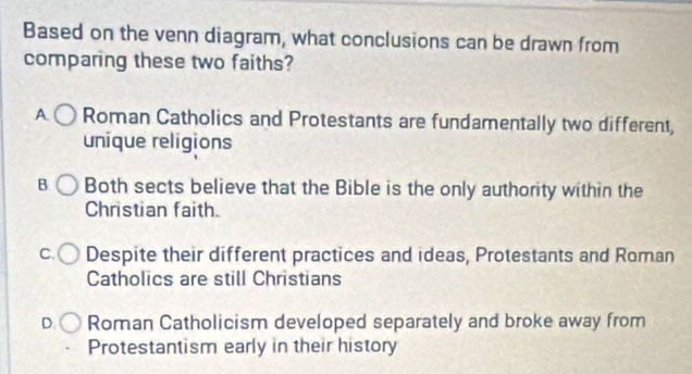 Based on the venn diagram, what conclusions can be drawn from
comparing these two faiths?
A Roman Catholics and Protestants are fundamentally two different,
unique religions
B Both sects believe that the Bible is the only authority within the
Christian faith.
C. Despite their different practices and ideas, Protestants and Roman
Catholics are still Christians
Roman Catholicism developed separately and broke away from
Protestantism early in their history