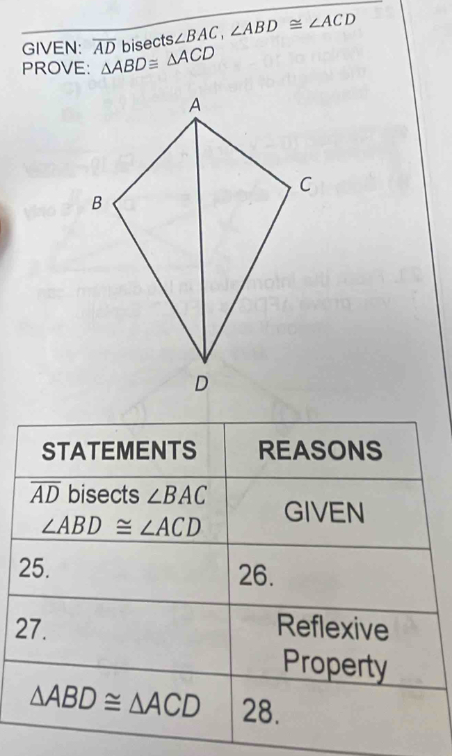 GIVEN: overline AD bisects ∠ BAC,∠ ABD≌ ∠ ACD
PROVE: △ ABD≌ △ ACD
2