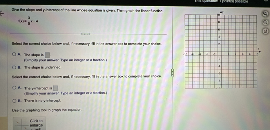 This question: 1 point(s) possible
Give the slope and y-intercept of the line whose equation is given. Then graph the linear function.
f(x)= 3/5 x-4

Select the correct choice below and, if necessary, fill in the answer box to complete your choice.
A. The slope is □. 
(Simplify your answer. Type an integer or a fraction.)
B. The slope is undefined. 
Select the correct choice below and, if necessary, fill in the answer box to complete your choice.
A. The y-intercept is □. 
(Simplify your answer. Type an integer or a fraction.)
B. There is no y-intercept.
Use the graphing tool to graph the equation.
Click to
enlarge