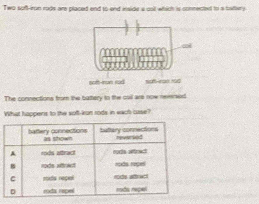 Two soft-iron rods are placed end to end inside a coll which is comnected to a battery.
co
soft-inon rod sot-iron rod
The connections from the battery to the coil are now reversed.
What happens to the soft-iron rods in each case?