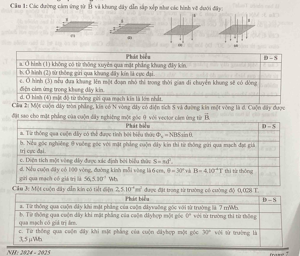 Các đường cảm ứng từ vector B và khung dây dẫn sắp xếp như các hình vẽ dưới đây:
n
(3) (4)
Phát biểu
D - S
a. Ở hình (1) không có từ thông xuyên qua mặt phẳng khung đây kín.
b. Ở hình (2) từ thông gửi qua khung dây kín là cực đại.
c. Ở hình (3) nếu đưa khung lên một đoạn nhỏ thì trong thời gian di chuyền khung sẽ có dòng
điện cảm ứng trong khung dây kín.
d. Ở hình (4) mật độ từ thông gửi qua mạch kín là lớn nhất.
Câu 2: Một cuộn dây tròn phẳng, kín có N vòng dây có diện tích S và đường kín một vòng là d. Cuộn dây được
NH: 2024 - 2025
trañº 7