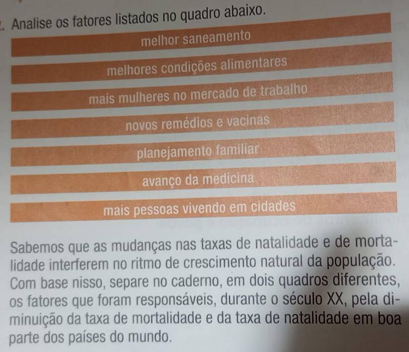 Analise os fatores listados no quadro abaixo.
melhor saneamento
melhores condições alimentares
mais mulheres no mercado de trabalho
novos remédios e vacinas
planejamento familiar
avanço da medicina
mais pessoas vivendo em cidades
Sabemos que as mudanças nas taxas de natalidade e de morta-
lidade interferem no ritmo de crescimento natural da população.
Com base nisso, separe no caderno, em dois quadros diferentes,
os fatores que foram responsáveis, durante o século XX, pela di-
minuição da taxa de mortalidade e da taxa de natalidade em boa
parte dos países do mundo.