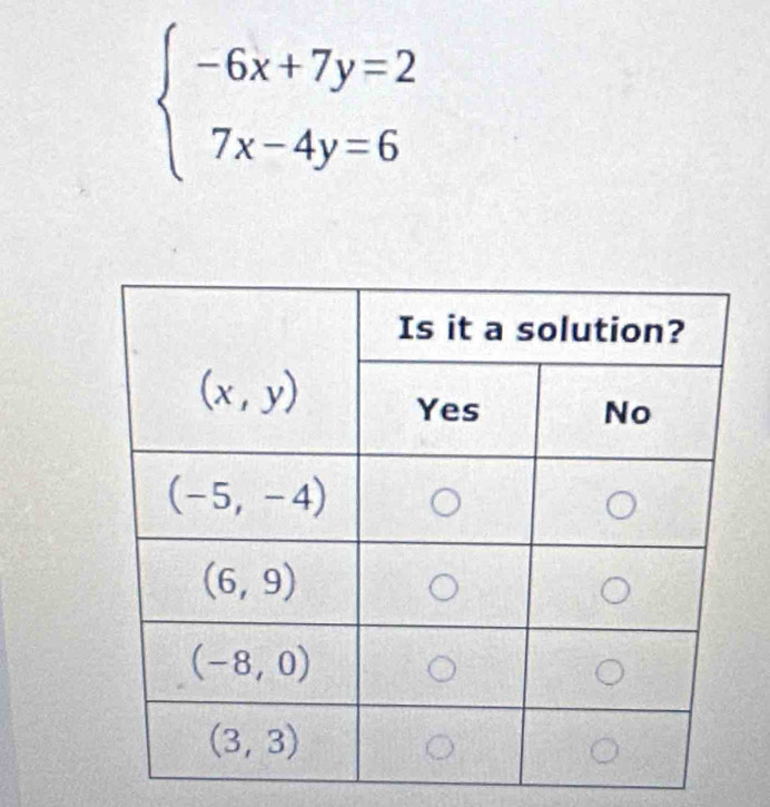 beginarrayl -6x+7y=2 7x-4y=6endarray.