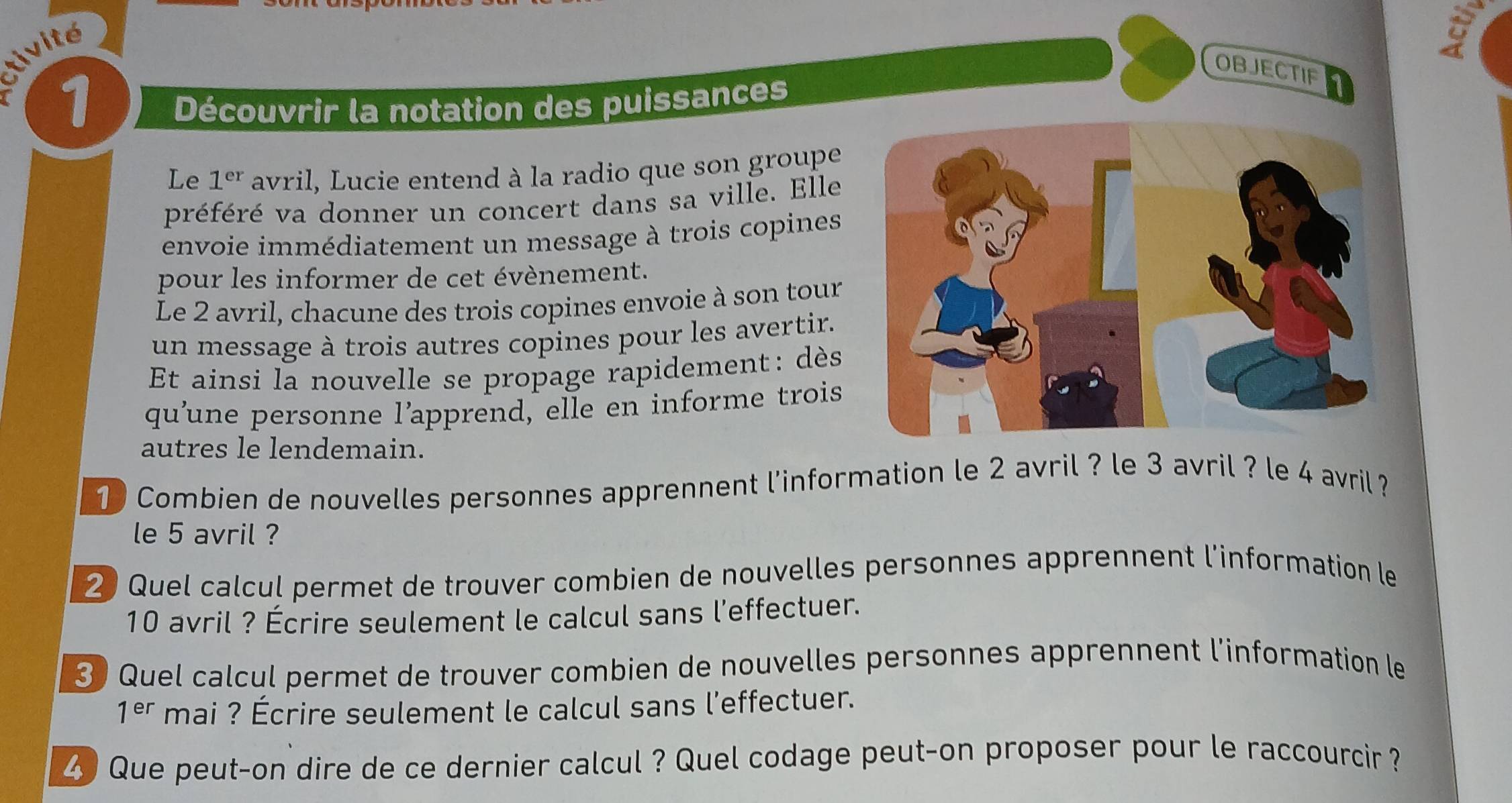 tivité 
OBJECTIF 
1 
Découvrir la notation des puissances 
Le 1^(er) avril, Lucie entend à la radio que son groupe 
préféré va donner un concert dans sa ville. Elle 
envoie immédiatement un message à trois copines 
pour les informer de cet évènement. 
Le 2 avril, chacune des trois copines envoie à son tour 
un message à trois autres copines pour les avertir. 
Et ainsi la nouvelle se propage rapidement: dès 
qu'une personne l’apprend, elle en informe trois 
autres le lendemain. 
1 Combien de nouvelles personnes apprennent l'information le 2 avril ? le 3 avril ? le 4 avril ? 
le 5 avril ? 
2 Quel calcul permet de trouver combien de nouvelles personnes apprennent l'information le
10 avril ? Écrire seulement le calcul sans l’effectuer. 
3 Quel calcul permet de trouver combien de nouvelles personnes apprennent l'information le
1^(er) mai ? Écrire seulement le calcul sans l’effectuer. 
4 Que peut-on dire de ce dernier calcul ? Quel codage peut-on proposer pour le raccourcir ?