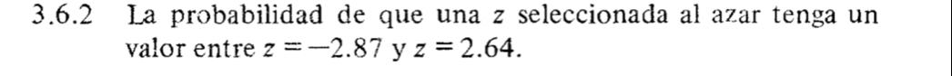 La probabilidad de que una z seleccionada al azar tenga un 
valor entre z=-2.87 y z=2.64.