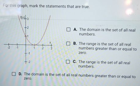 For this graph, mark the statements that are true.
A. The domain is the set of all real
numbers.
B. The range is the set of all real
numbers greater than or equal to
zero.
C. The range is the set of all real
numbers.
D. The domain is the set of all real numbers greater than or equal to
zero.