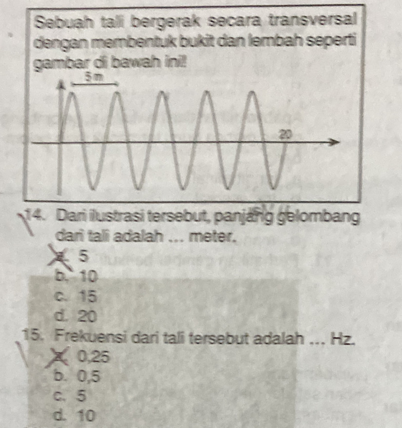 Sebuah tali bergerak secara transversal
dengan membentuk bukit dan lembah seperti
gambar di bawah ini!
14. Dari ilustrasi tersebut, panjang gelombang
dari tali adalah ... meter.
5
b. 10
c. 15
d. 20
15. Frekuensi dari tali tersebut adalah .. Hz.
X 0,25
b. 0,5
c. 5
d. 10