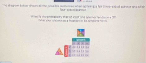 The diagram below shows all the possible ouscomes when spinning a fair three-sided spinner and a fair 
four-sided apinnet 
What is the probability shat at leest one spinner lands on a 37
Gilve your onswer as a fraction in its simplest form. 
(3) (4 (3) (
7 1 2 2 3 4
5.3 54 5.5 3.6
 t