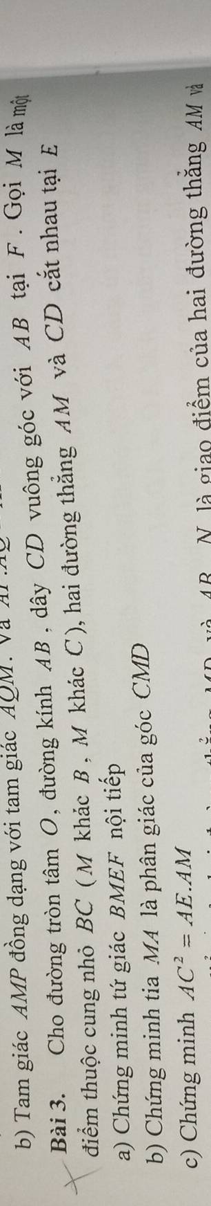 Tam giác AMP đồng dạng với tam giác AQM. Và AP
Bài 3. Cho đường tròn tâm O, đường kính AB , dây CD vuông góc với AB tại F. Gọi M là một 
điểm thuộc cung nhỏ BC ( M khác B , M khác C), hai đường thắng AM và CD cắt nhau tại E
a) Chứng minh tứ giác BMEF nội tiếp 
b) Chứng minh tia MA là phân giác của góc CMD
c) Chứng minh AC^2=AE.AM
1B N. là giao điểm của hai đường thăng AM và