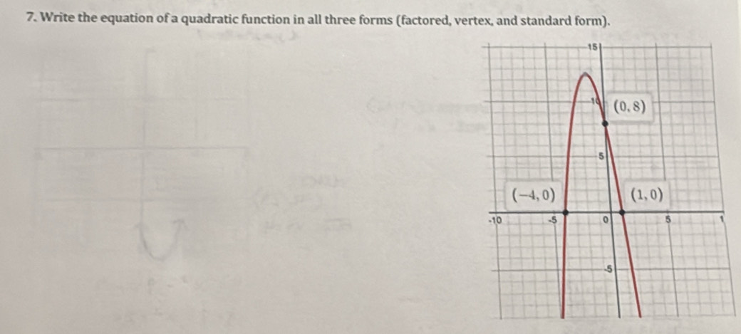 Write the equation of a quadratic function in all three forms (factored, vertex, and standard form).