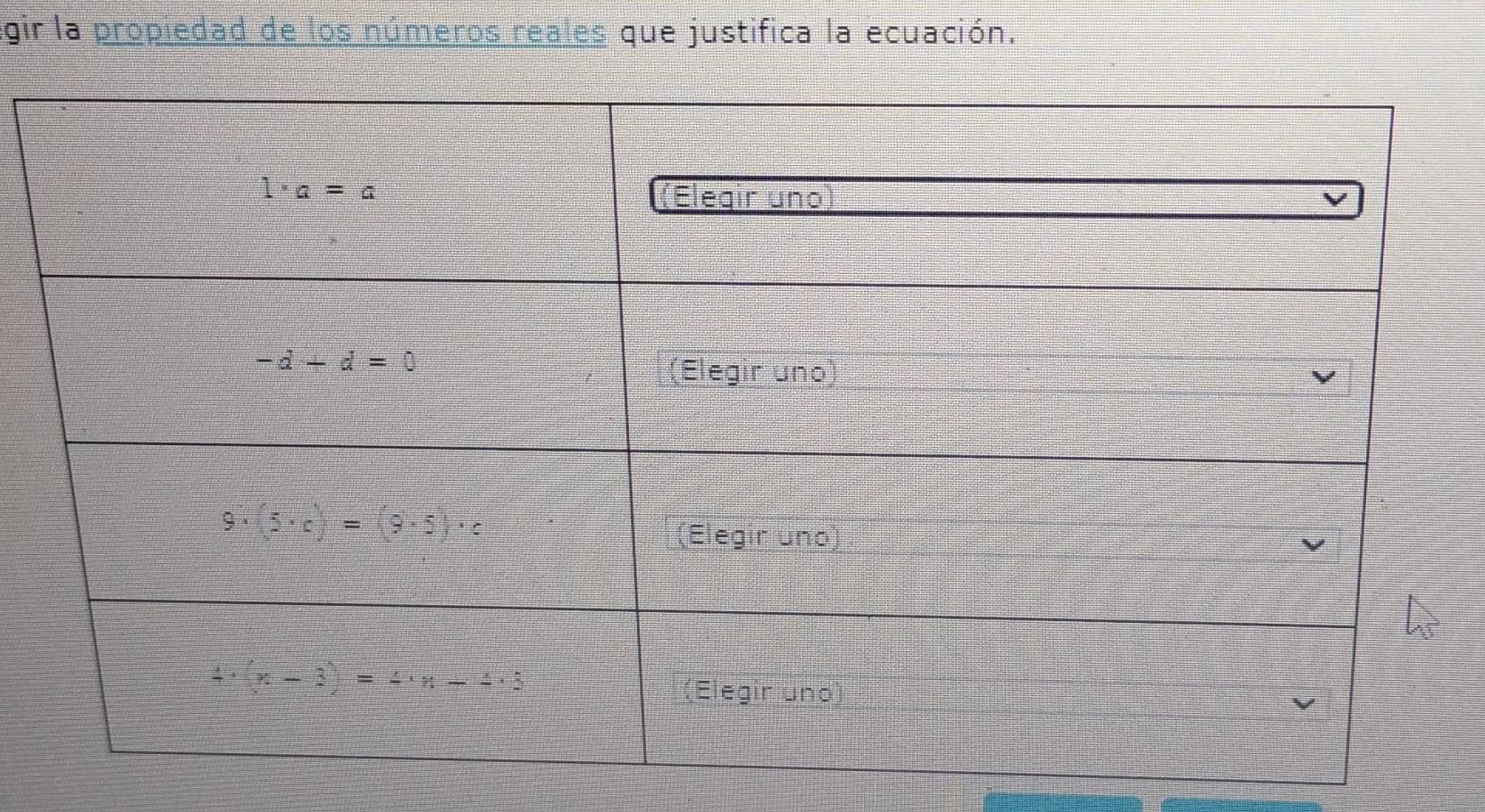 egir la propiedad de los números reales que justifica la ecuación.