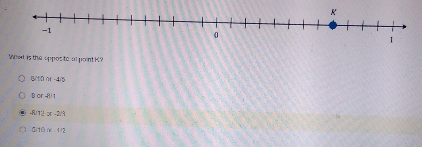 What is the opposite of point K?
-8/10 or -4/5
-B or -8/1
-8/12 or -2/3
-5/10 or -1/2