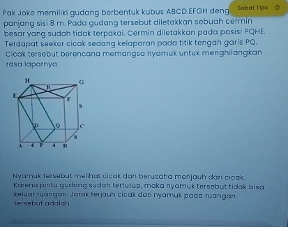 Pak Joko memiliki gudang berbentuk kubus ABCD. EFGH deng Sobat Tips 
panjang sisi 8 m. Pada gudang tersebut diletakkan sebuah cermin 
besar yang sudah tidak terpakai. Cermin diletakkan pada posisi PQHE. 
Terdapat seekor cicak sedang kelaparan pada titik tengah garis PQ. 
Cicak tersebut berencana memangsa nyamuk untuk menghilangkan 
rasa laparnya 
Nyamuk tersebut melihat cicak dan berusaha menjauh dari cicak. 
Karena pintu gudang sudah tertutup, maka nyamuk tersebut tidak bisa 
keluar ruangan. Jarak terjauh cicak dan nyamuk pada ruangan 
tersebut adalah