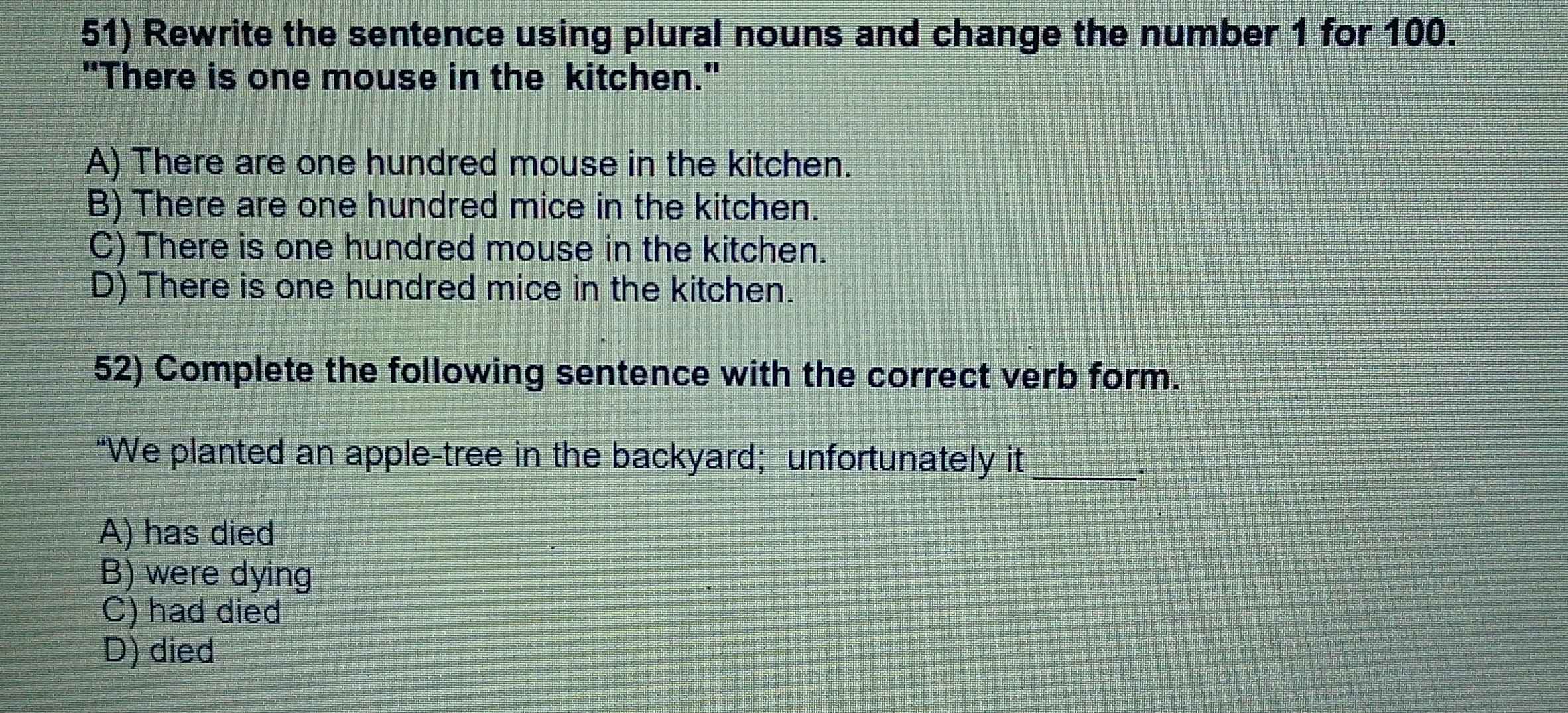 Rewrite the sentence using plural nouns and change the number 1 for 100.
"There is one mouse in the kitchen."
A) There are one hundred mouse in the kitchen.
B) There are one hundred mice in the kitchen.
C) There is one hundred mouse in the kitchen.
D) There is one hundred mice in the kitchen.
52) Complete the following sentence with the correct verb form.
“We planted an apple-tree in the backyard; unfortunately it_
、
A) has died
B) were dying
C) had died
D) died