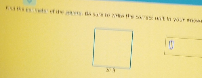 Find the perimeter of the square. Be sure to write the correct unit in your answe