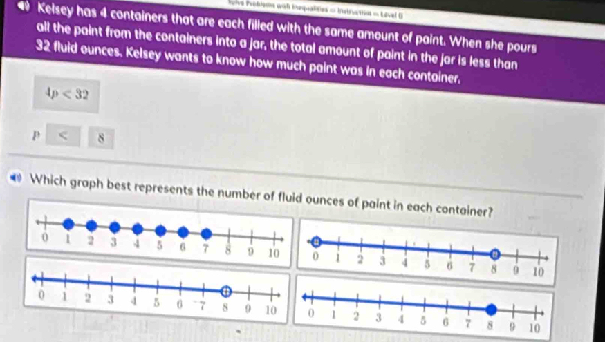 ve Pobisms with inequalities = Instration = Level 6 
Kelsey has 4 containers that are each filled with the same amount of paint. When she pours 
all the paint from the containers into a jar, the total amount of paint in the jar is less than
32 fluid ounces. Kelsey wants to know how much paint was in each container.
4p<32</tex> 
p 8
• Which graph best represents the number of fluid ounces of paint in each container?
