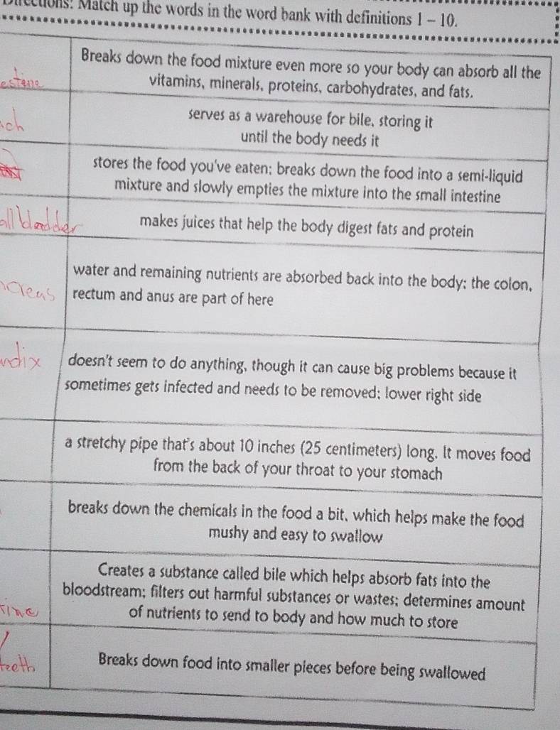 Dicctions: Match up the words in the word bank with definitions 1 - 10. 
the
n, 
d