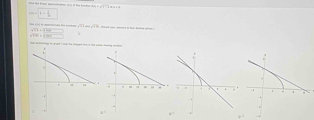 Find the linear approximation L(x) of the functior f(x)=sqrt(1-x) at a=0
L(x)=|1- 1/2x 
Use L(x) to approximate the numbers sqrt(0.9) and sqrt(0.99). (Round your answers to four decimal places )
sqrt(0.9)* 0.9500 □ 
D
sqrt(0.99)* 0995 □ 
Use technology to graph f and the tangent line in the same viewing window