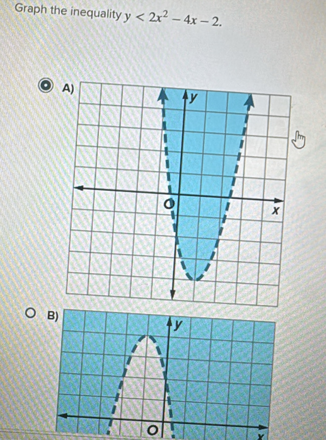 Graph the inequality y<2x^2-4x-2.
x