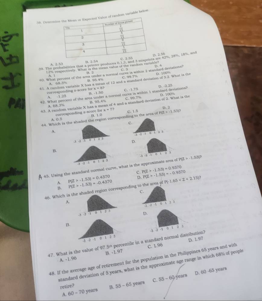 Deterom variable below.
2.56
A. 2.53 B. 2.54 
39. The probabilities that a printer produces 0,1,2, and 3 misprare 42%, 28%, 18%, and
12% respectively. What is the mean value of the random variable?
40. What percent of the area under a normal curve is within 2 standard deviations? D. 4
A. 1 B. 2 C. 3
A. 68.3% B. 95.4% C. 99.7% D. 100%
41. A random variable X has a mean of 12 and a standard deviation of 3.2. What is the
corresponding z-score for x=8? C. -1.75
PA 42. What percent of the area under a normal curve is within 1 standard deviations? D. -2.25
A. -1.25 B. -1.50
A. 68.3% B. 95.4% C. 99.7%
43. A random variable X has a mean of 4 and a standard deviation of 2. What is the D. 100%
corresponding z-score for x=7 D. 2
A. 0.5 B. 1.0
44. Which is  shaded the region corresponding to the area of C. 1.5 P(Z>-1.53) ?
C
A.
 
D
B.
 
45. Using the standard normal curve, what is the approximate area of P(Z>-1.53) 2
C. P(Z>-1.53)=0.9370
A. P(Z>-1.53)=0.4370 D. P(Z>-1.53)=-0.9370
B. P(Z>-1.53)=-0.4370
46. Which is tded region corresponding  the area of P(-1.65 ?
A.

B.

D. 1.97
47. What is the value of 97 5^(th) percentile in a standard normal distrtion?
A. -1.96 B. -1.97 C. 1.96
48. If the average age of retirement for the population in the Philippines 65 years and with
standard deviation of 5 years, what is the approximate age range in which 68% of people
D. 60 -65 years
A. 60 - 70 years B. 55 - 65 years C. 55 - 60 years
retire?