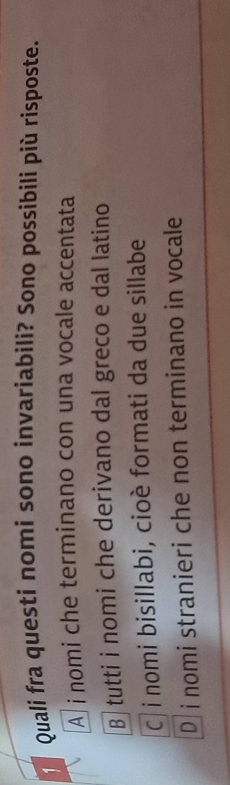 Quali fra questi nomi sono invariabili? Sono possibili più risposte.
A i nomi che terminano con una vocale accentata
B tutti i nomi che derivano dal greco e dal latino
Cǀi nomi bisillabi, cioè formati da due sillabe
D i nomi stranieri che non terminano in vocale